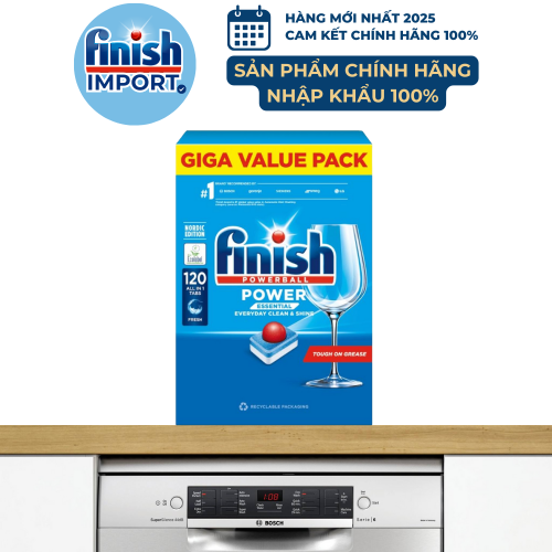 Hộp 120 viên rửa chén Finish Essential Hàng mới về 2024 – (6x tính năng trong 1 viên – Hương Soda) – (Dành cho máy rửa chén 9-10-12 bộ).